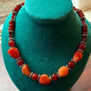 Carnelian Beaded Statement Necklace with Glass and Metal Accents Handmade